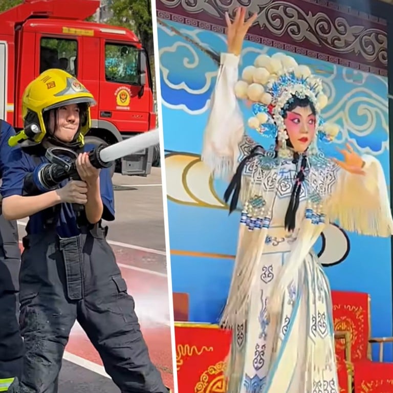 The woman, in her 20s, has so far tried 30 jobs, including firefighter, opera singer, and delivery rider. Photo: SCMP composite/Bilibili