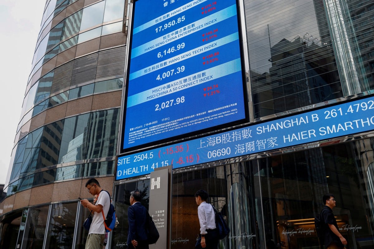 Screens showing the Hang Seng stock index and stock prices outside Exchange Square in Central, Hong Kong in August 2023. Photo: Reuters