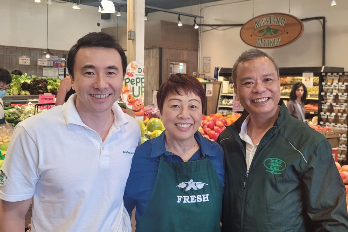 (Left to right) Victor Lau, Queenie Chu and Leung Kin-wah at Kin’s Farm Market. In 1981, with little money or English, Leung’s family left Guangzhou for Vancouver, where they went on to build a fruit and veg empire that has been serving the needs of the local Canadian community for decades. Photo: Kin’s Farm Market